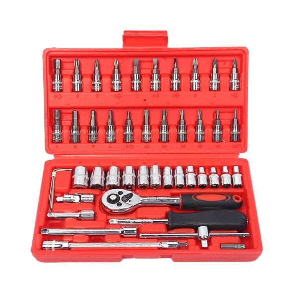 46pcs auto repair tool kit 1/4 inch socket set ratchet torque wrench electrical application convenient box case mechanic use