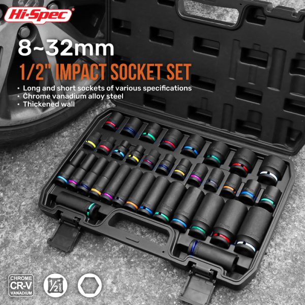 hi spec drive auto repair tool box set hand tools 1/2" inch color impact short long socket set for pneumatic wrenches oem odm